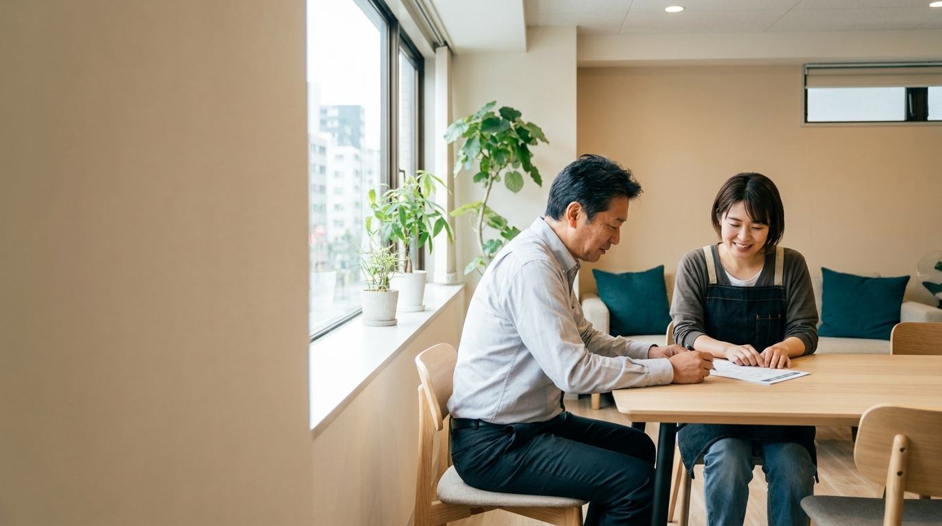 明るい事務所で、税理士と作業着姿の経営者が書類を見ながら話している様子（制作側が生成した画像。実在の人物ではありません）